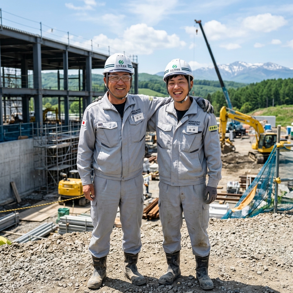 笑顔で肩を組む匠建工業のベテラン職人と若手メンバー