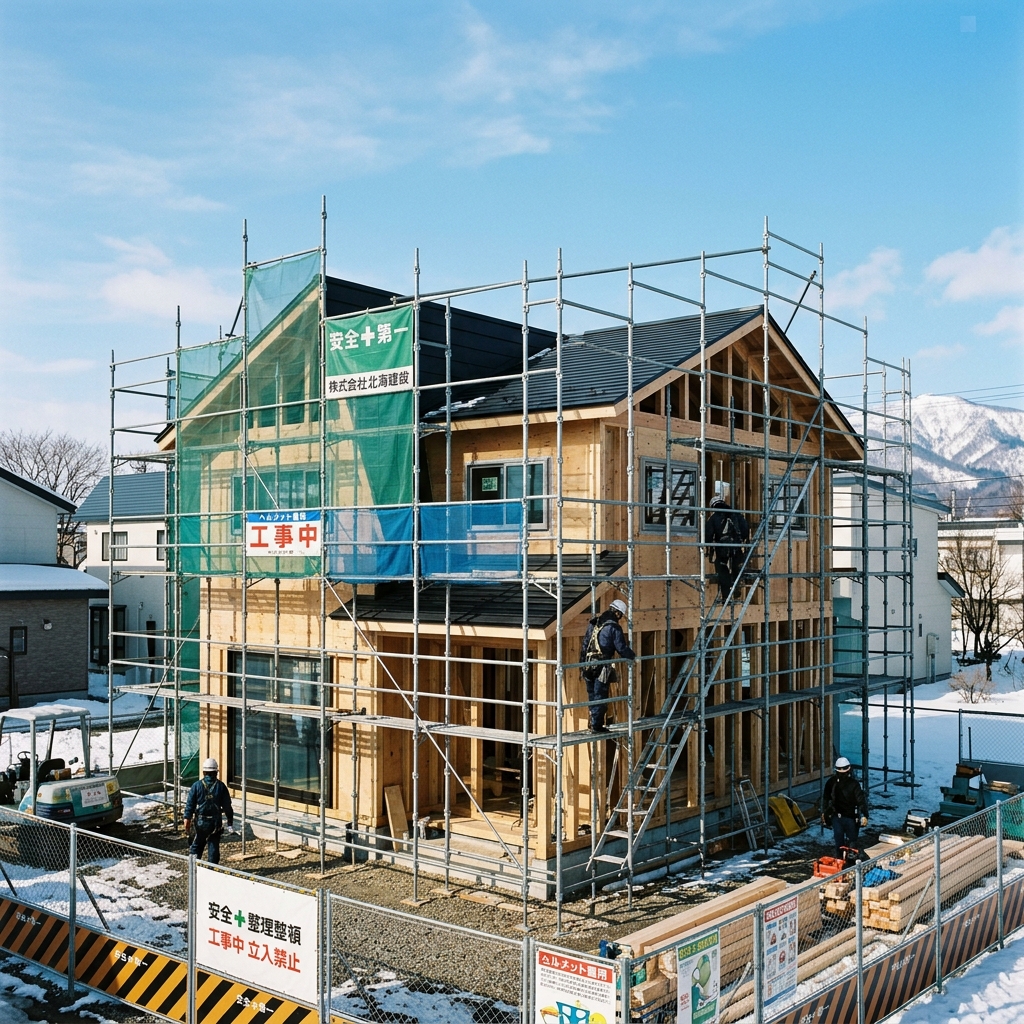 雪の残る札幌の住宅街で足場が組まれリフォームが進む戸建て